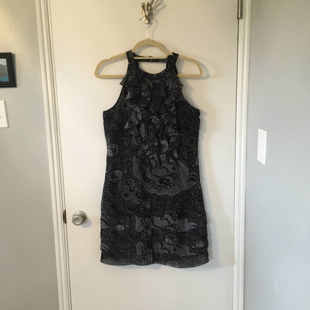 iCe High Collar Ruffle Floral Print Shift Dress